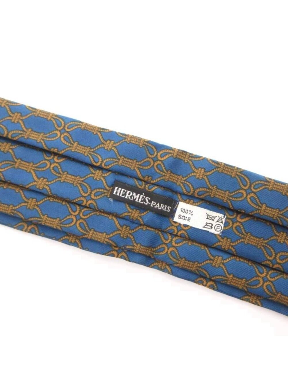 Hermes Scarf Ascot Tie Gold Chain Pattern Silk Pleats Blue - Picture 5 of 5